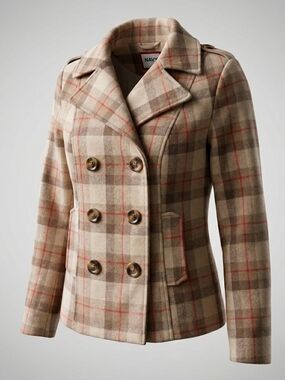 Old Navy Beige Plaid Double-Breasted Peacoat